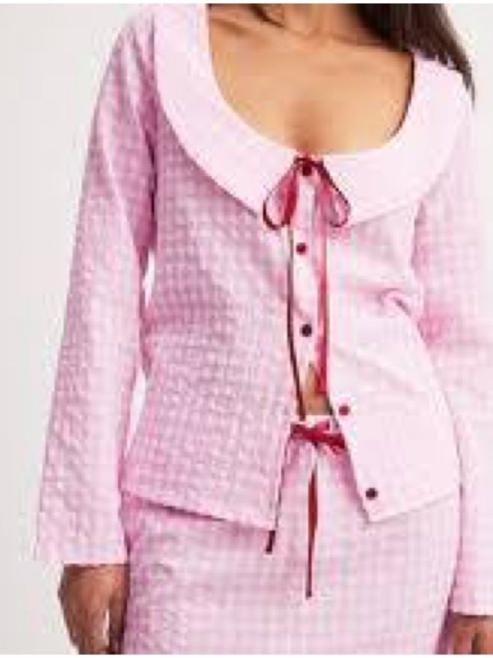 NA-KD Wms Pink Gingham Cotton Knit Portrait Collar Tie Neck Country Top 36